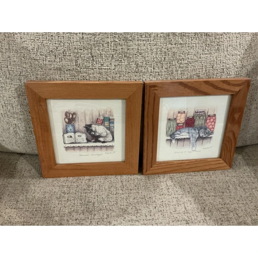 Marty Igne Framed Cat Prints Set of 2 Wood Frame Hummm Just Right Sugar Plums